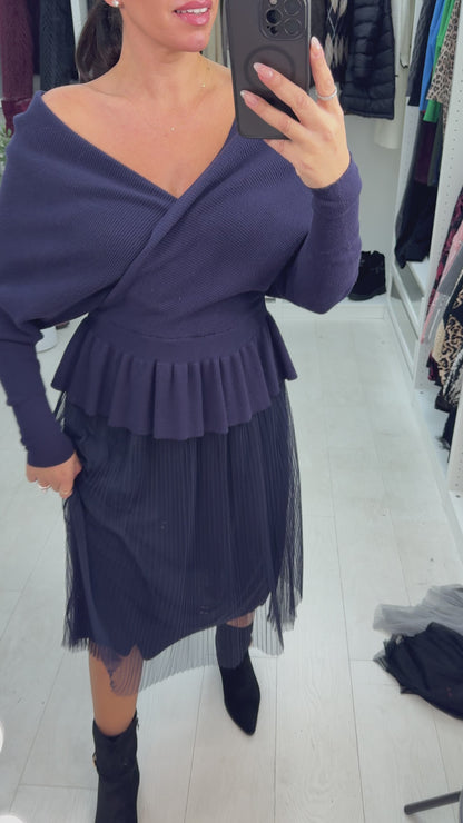 Marceline Pleated Mesh Skirt Knit Dress