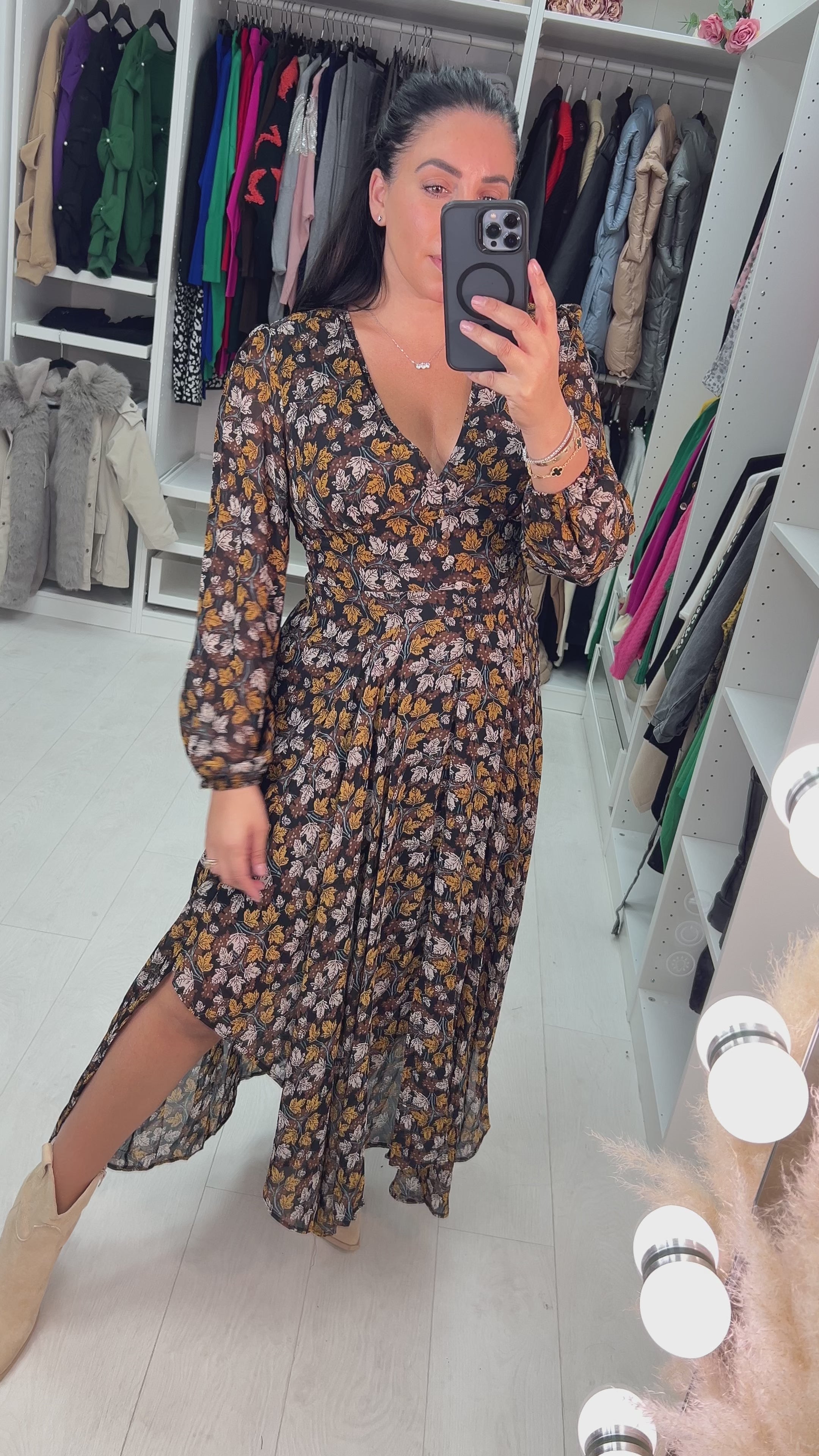 Load video: Harvest Leaf Print Sheer Sleeve Floaty Dress