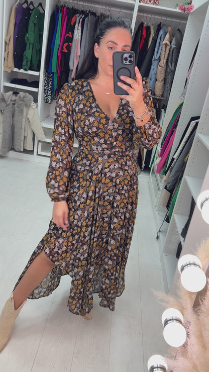 Harvest Leaf Print Sheer Sleeve Floaty Dress