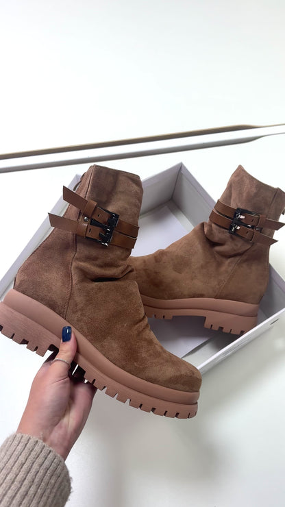 Leslie Faux Suede Buckle Detail Chunky Boots