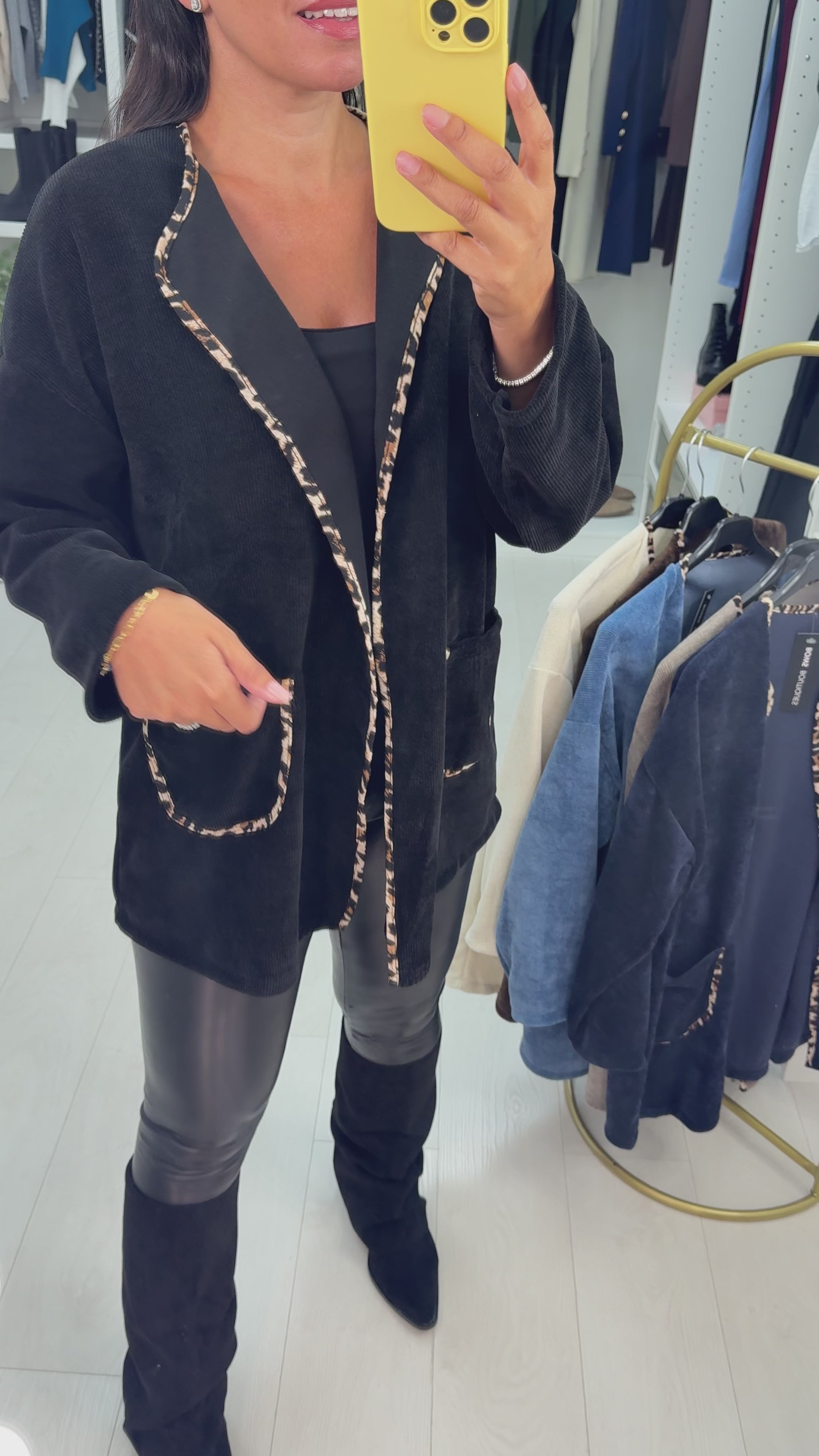 Dani Plain Leopard Print Trim Corduroy Open Front Cardigan