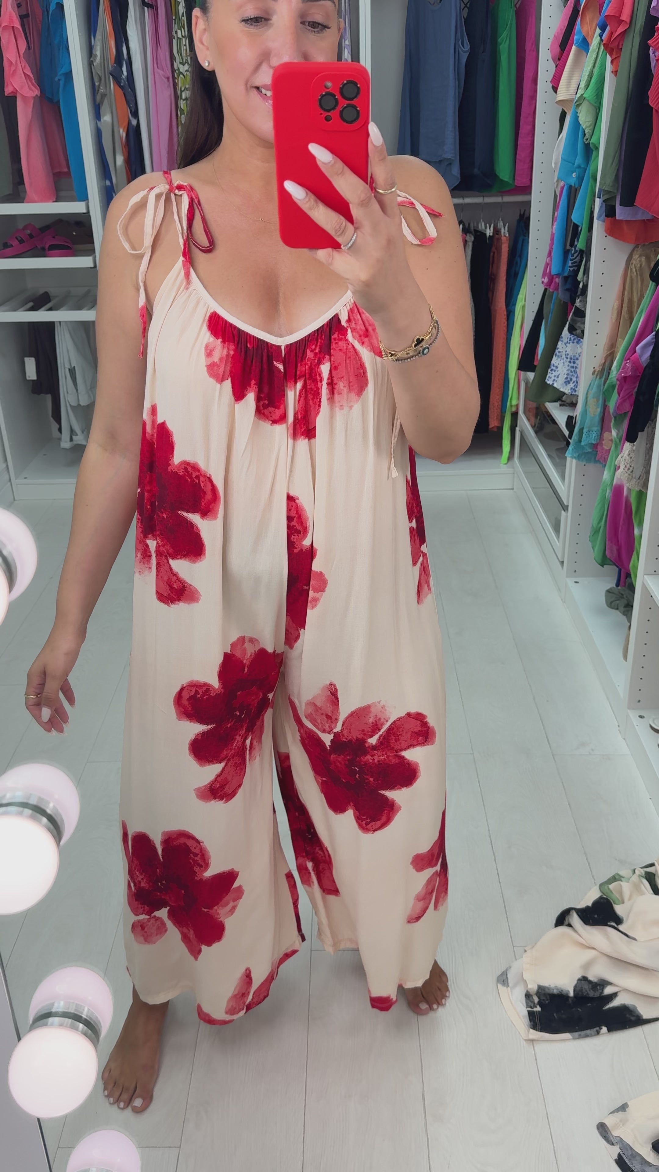 Load video: Alida Cream Watercolour Tie shoulder Jumpsuit