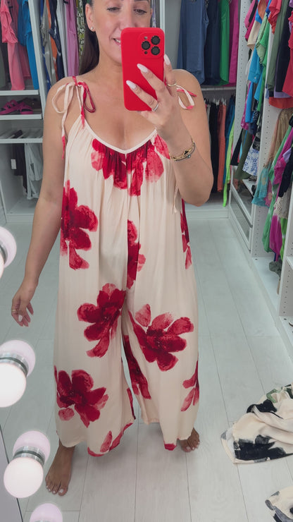 Alida Cream Watercolour Tie shoulder Jumpsuit