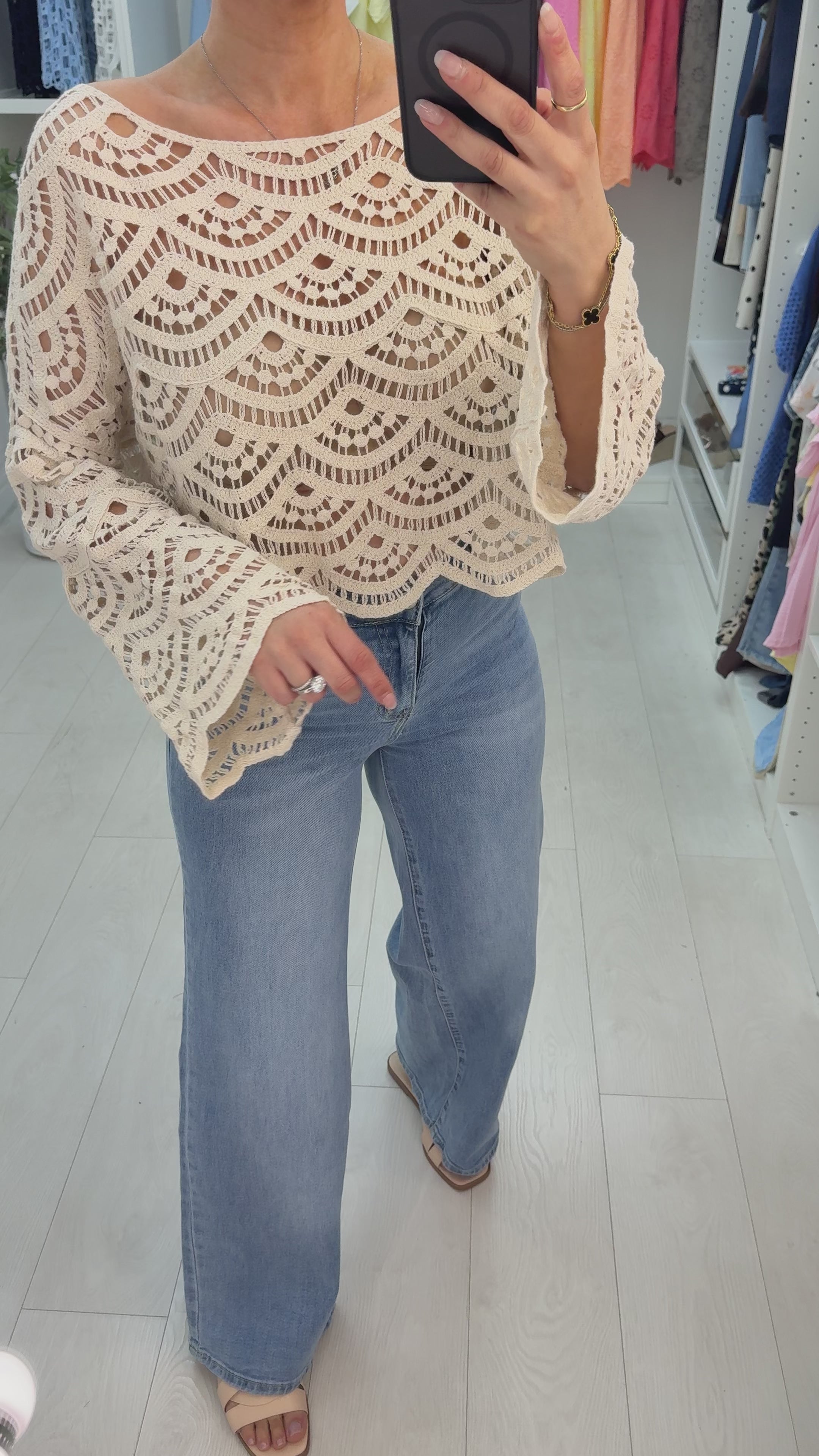 Load video: Sharla Crochet Loose Fit Long Sleeve Top