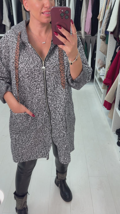 Lindsey Boucle Hooded Leopard Detail Jacket