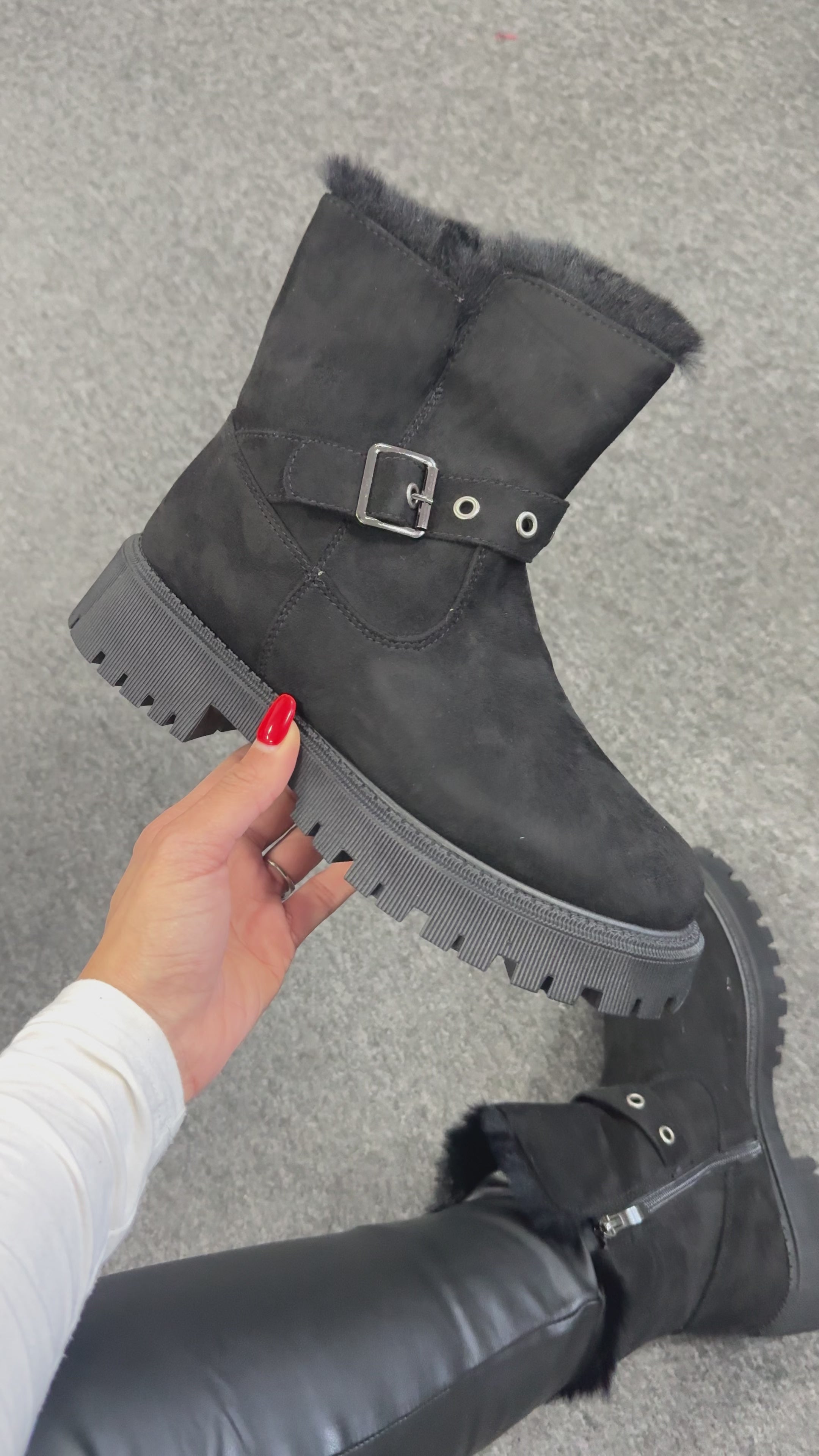 Load video: Tanya Black Faux Fur Lined Ankle Boots