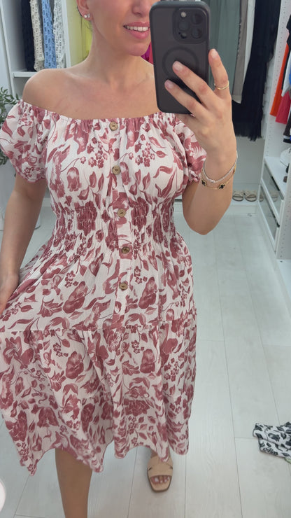 Tyra Floral Button Detailed Shirred Waist Dress