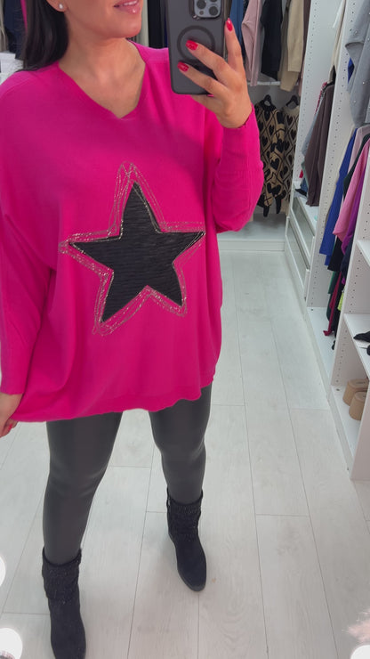 Merosa Fabric Star Diamante Detail Drop Sleeve Knit Top