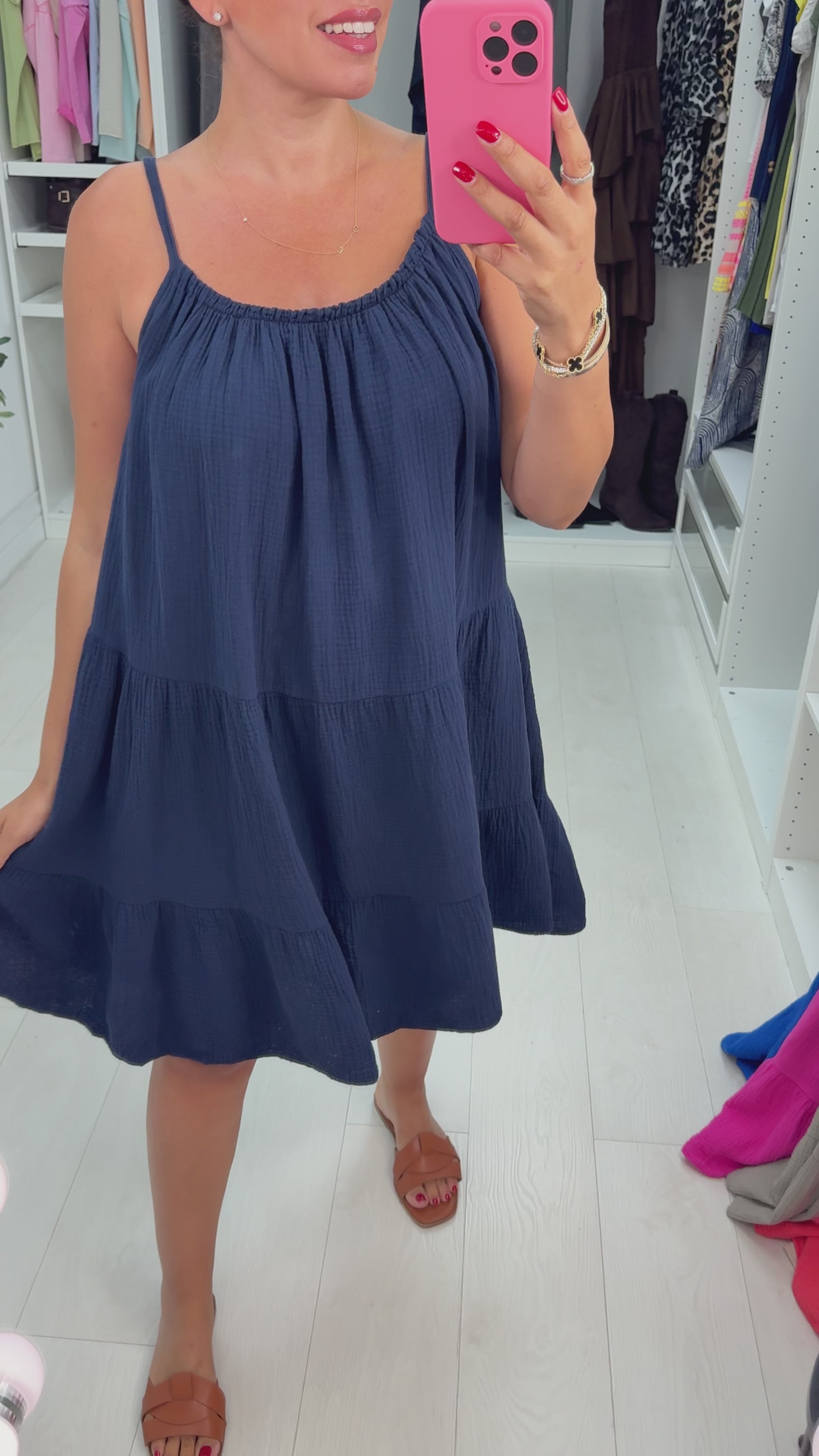 Load video: Marita Plain Cheesecloth Strappy Smock Dress