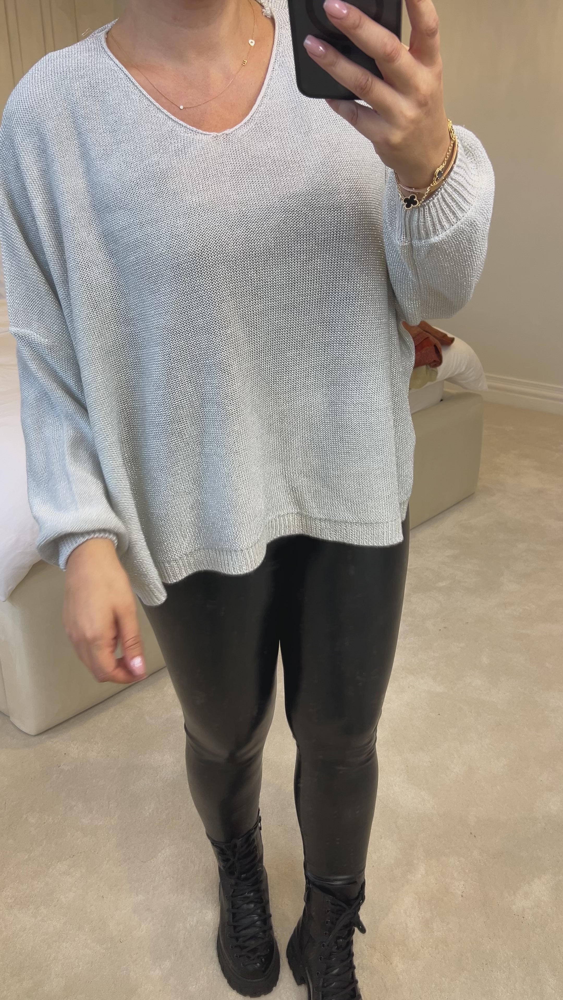 Load video: Mellis Fine Glitter Knitted V-Neck Jumper