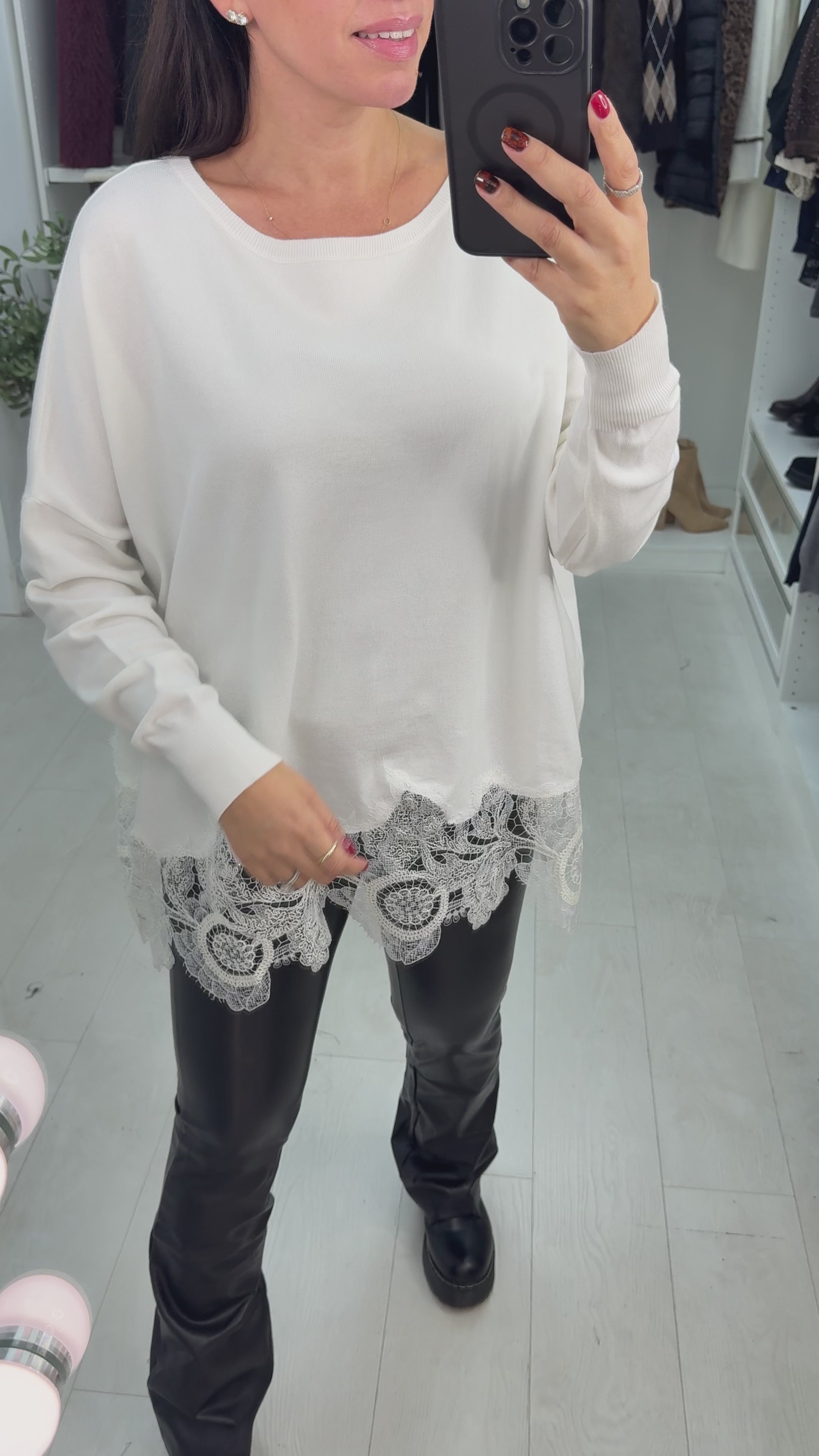 Load video: Daisy Embellished Lace Hem Loose Fit Jumper