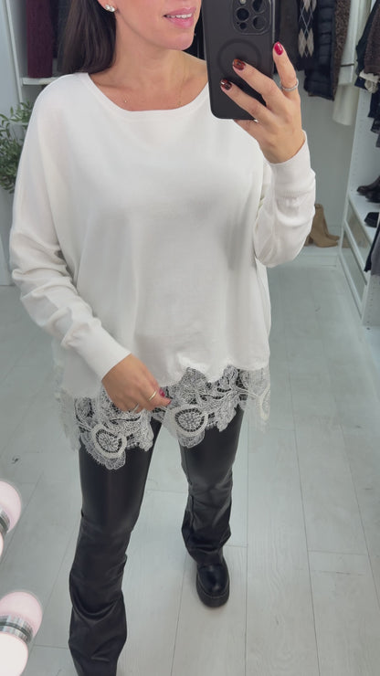 Daisy Embellished Lace Hem Loose Fit Jumper