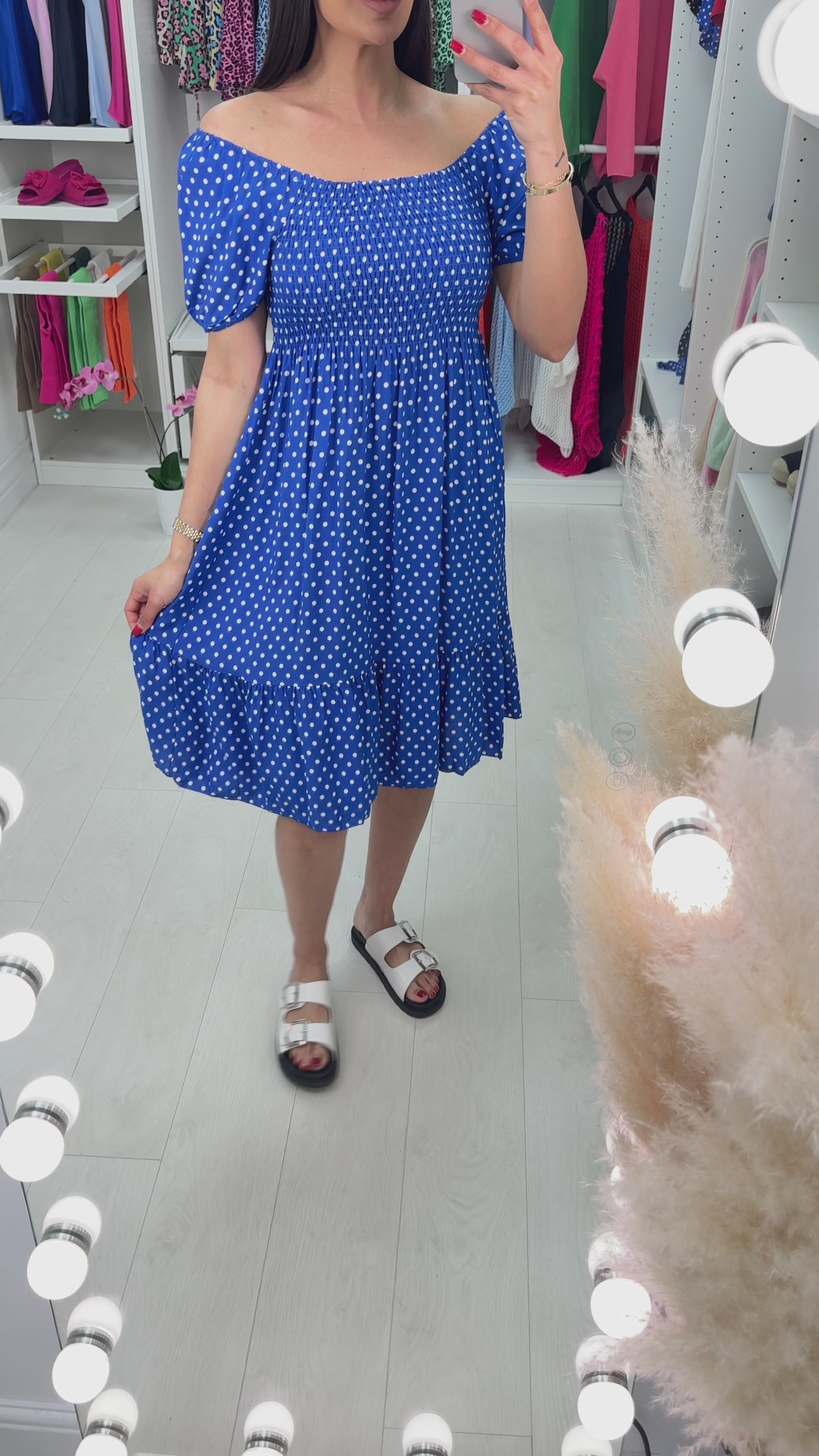 Load video: Tarni Polka Dot Print Bardot Dress