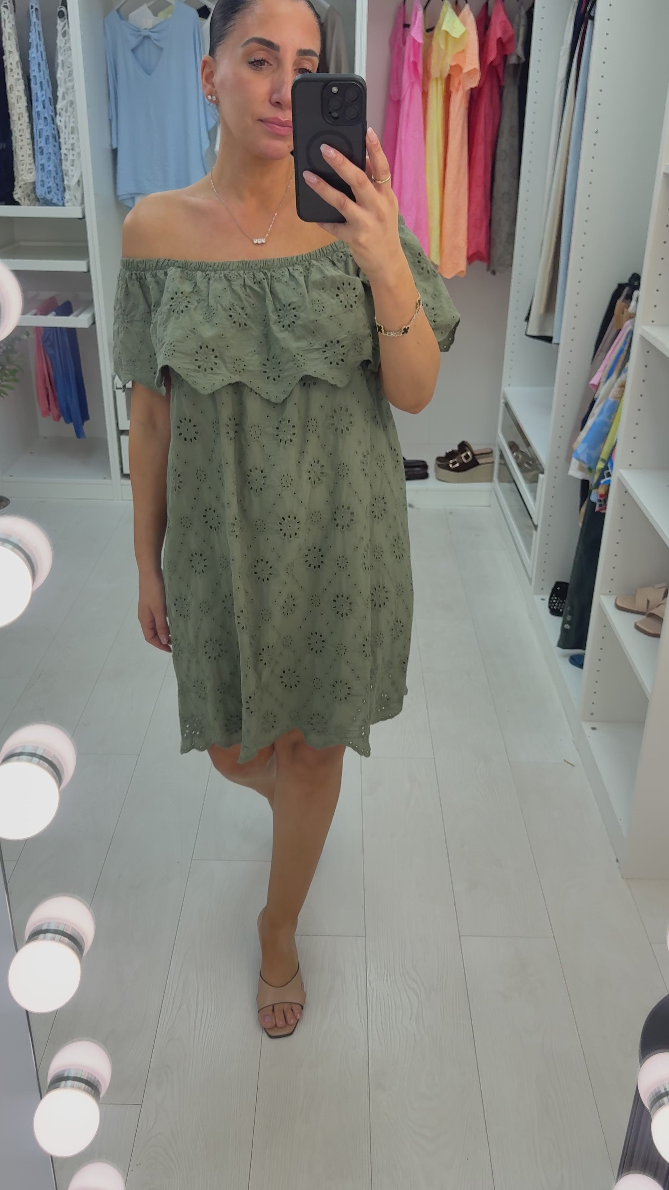 Load video: Jamila Plain Broidery Anglaise Bardot Midi Dress