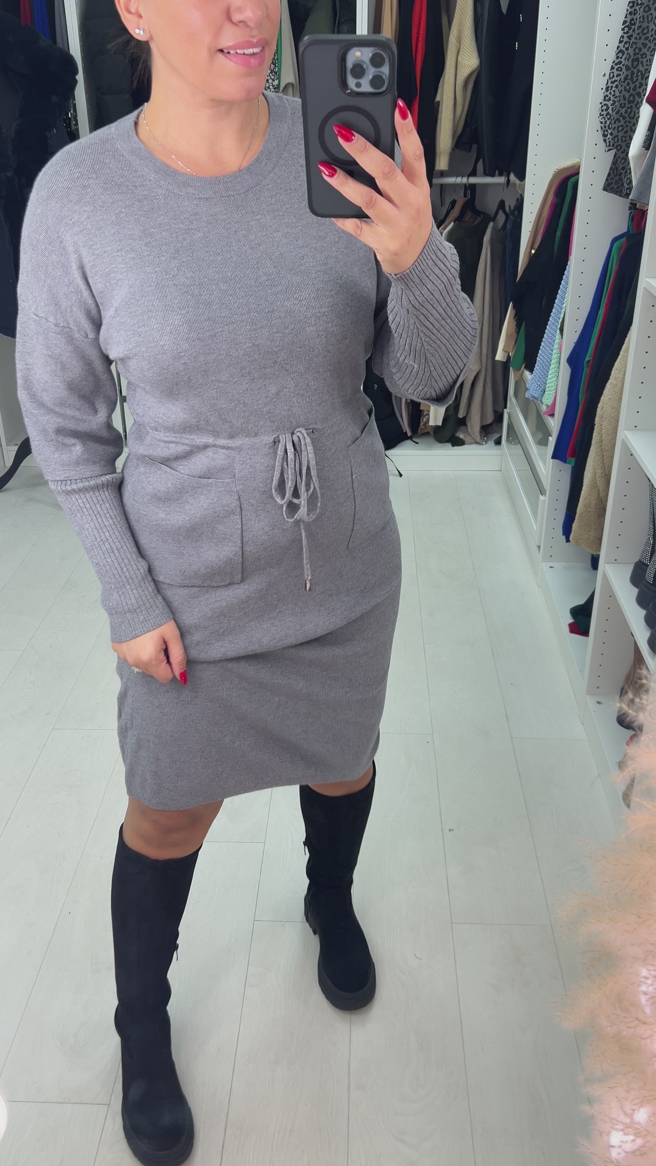 Load video: Pebbles Plain Pocket Detailed Toggle Cinched Waist Knit Jumper Dress