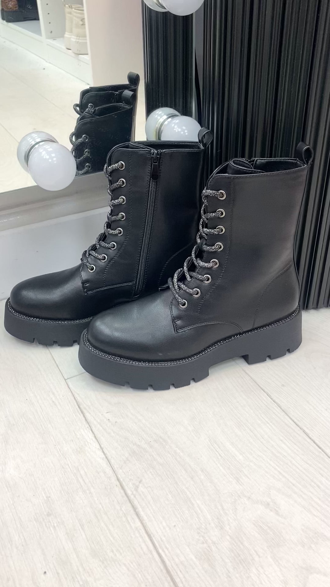 Crimson Diamante Detail Faux Leather Lace Up Biker Boots