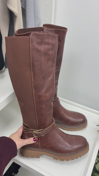 Cherie Faux Leather Buckle Detail Knee High Boots