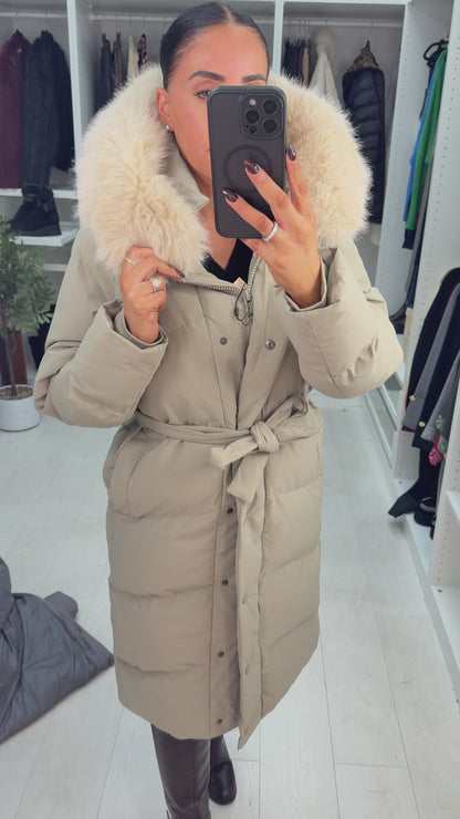 River Faux Fur Hooded Belted Longline Coat