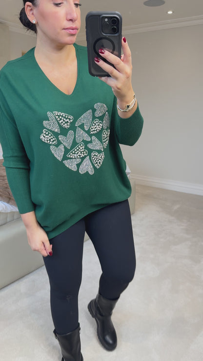 Carys Heart Silver Diamante & Gem V-Neck Jumper
