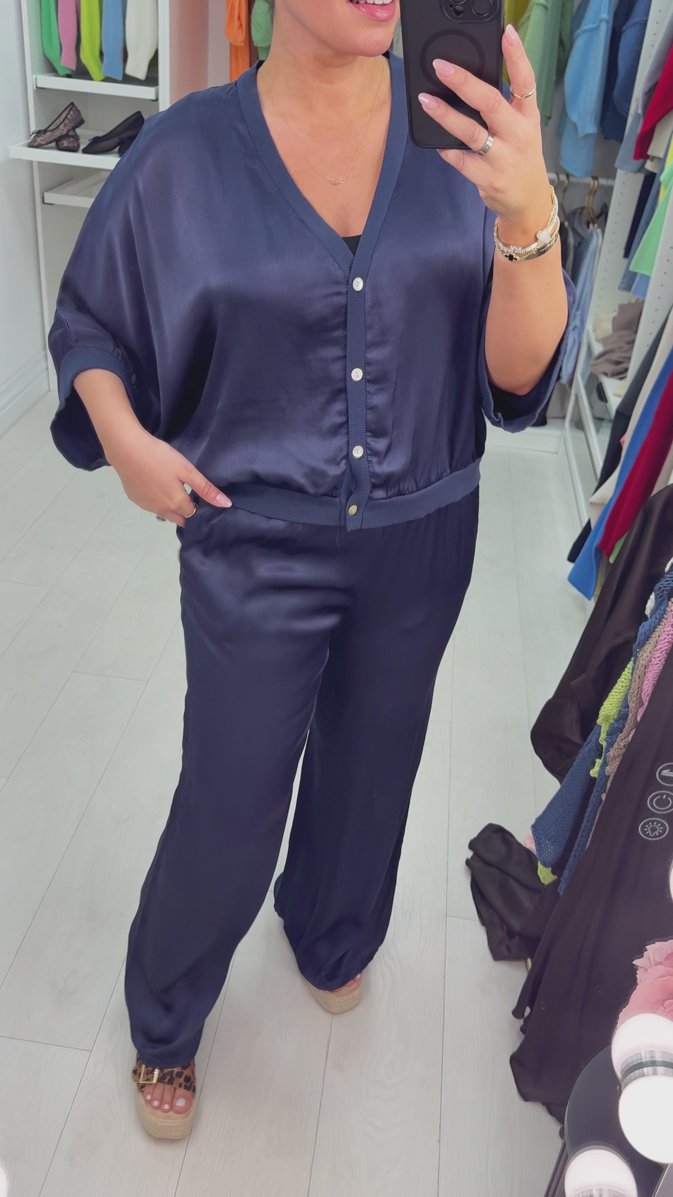 Load video: Deana Plain V Neck Button Front Satin Top
