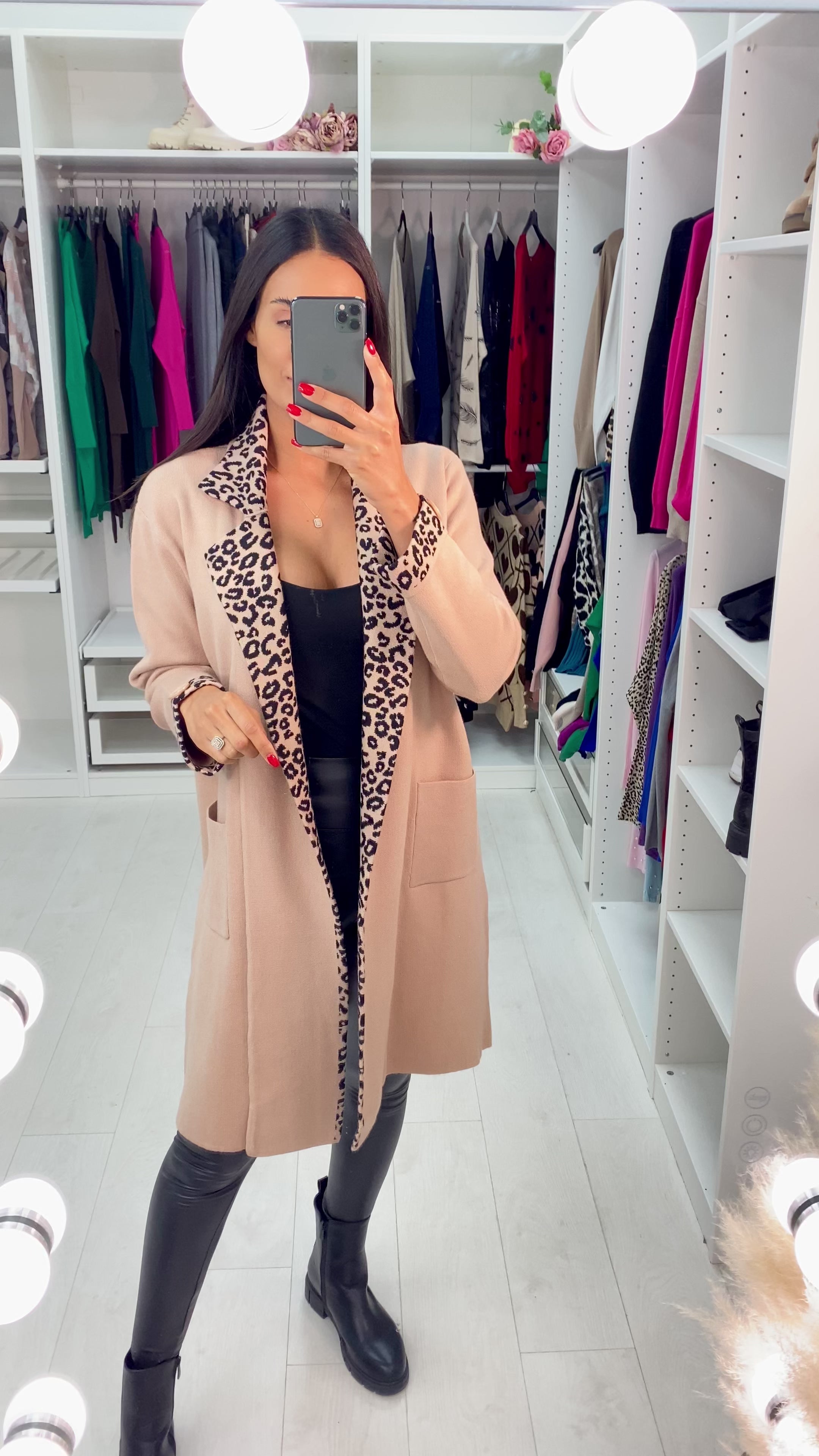 Load video: Mya Camel Cheetah Trim Pocket Cardigan