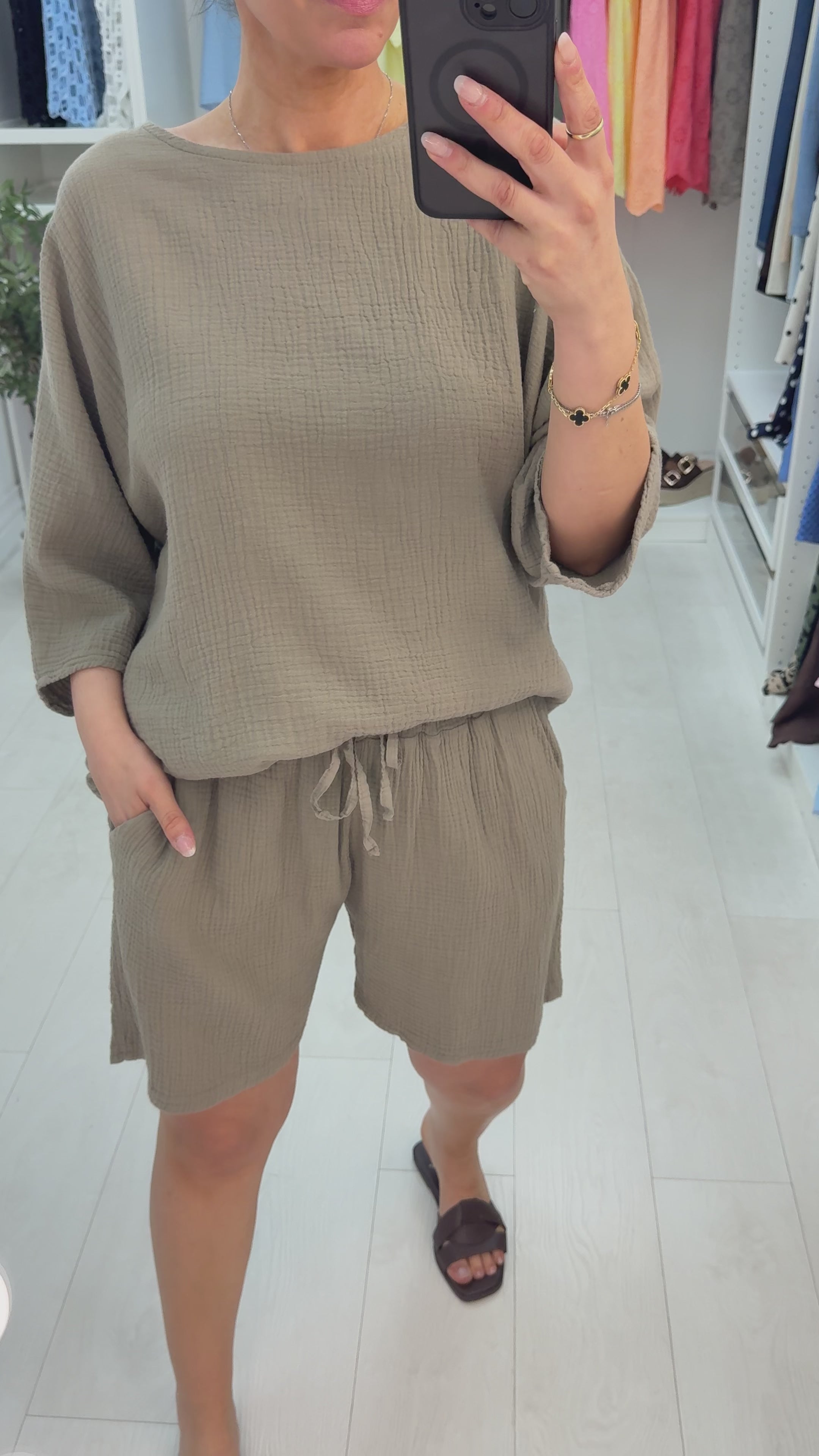 Load video: Narina Plain Cheesecloth Shorts Co-Ord Set