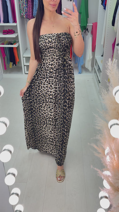 Bergamo Beige Leopard Print Elasticated Bust Maxi Dress
