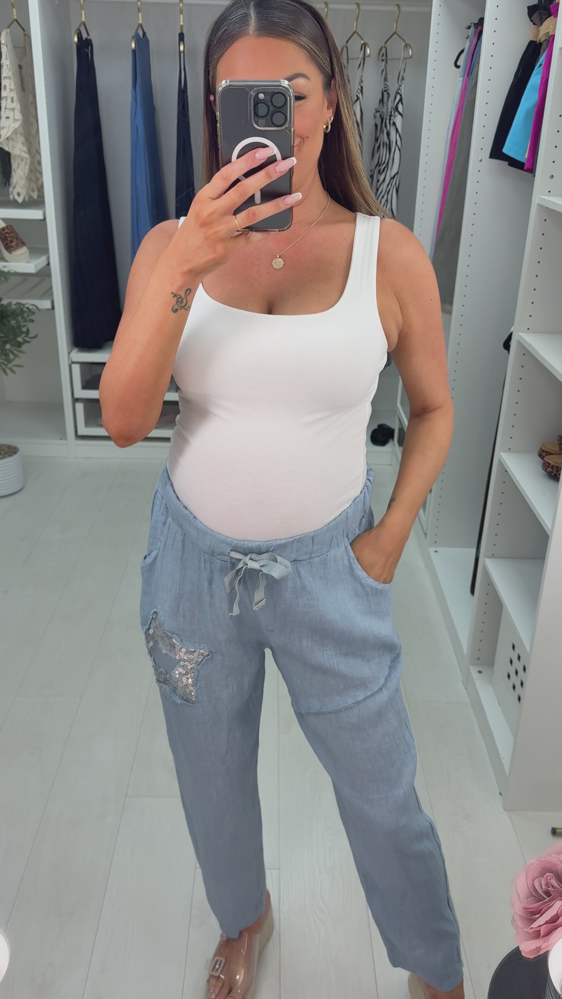 Annalou Plain Sequin Star Detailed Linen Trousers