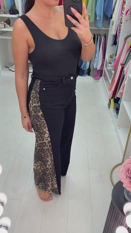 Molly Leopard Print Panel Distressed Wide Leg Jeans