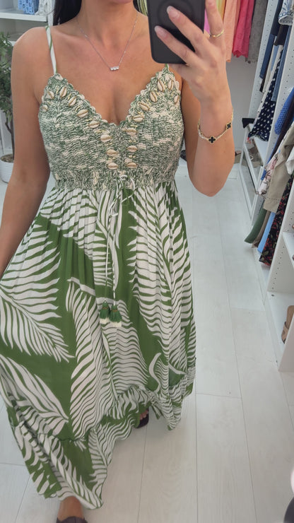 Avaline Embellished Crochet Bust Leaf Print Maxi Dress