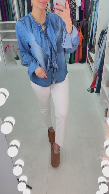 Dinah Denim Front Frill And Sleeve Shirt
