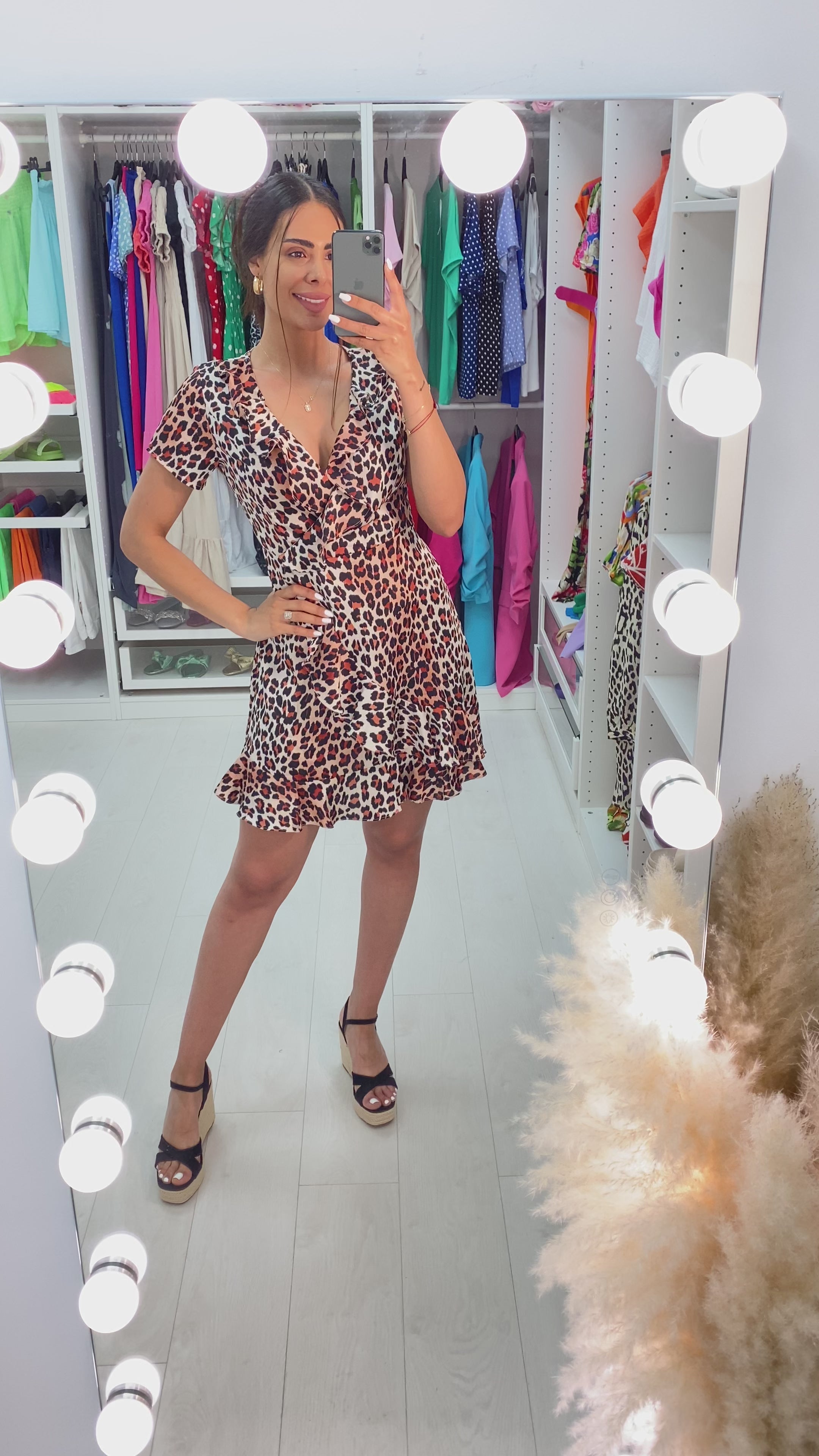 Load video: Femina Animal Print Wrap Ruffle Detail Dress