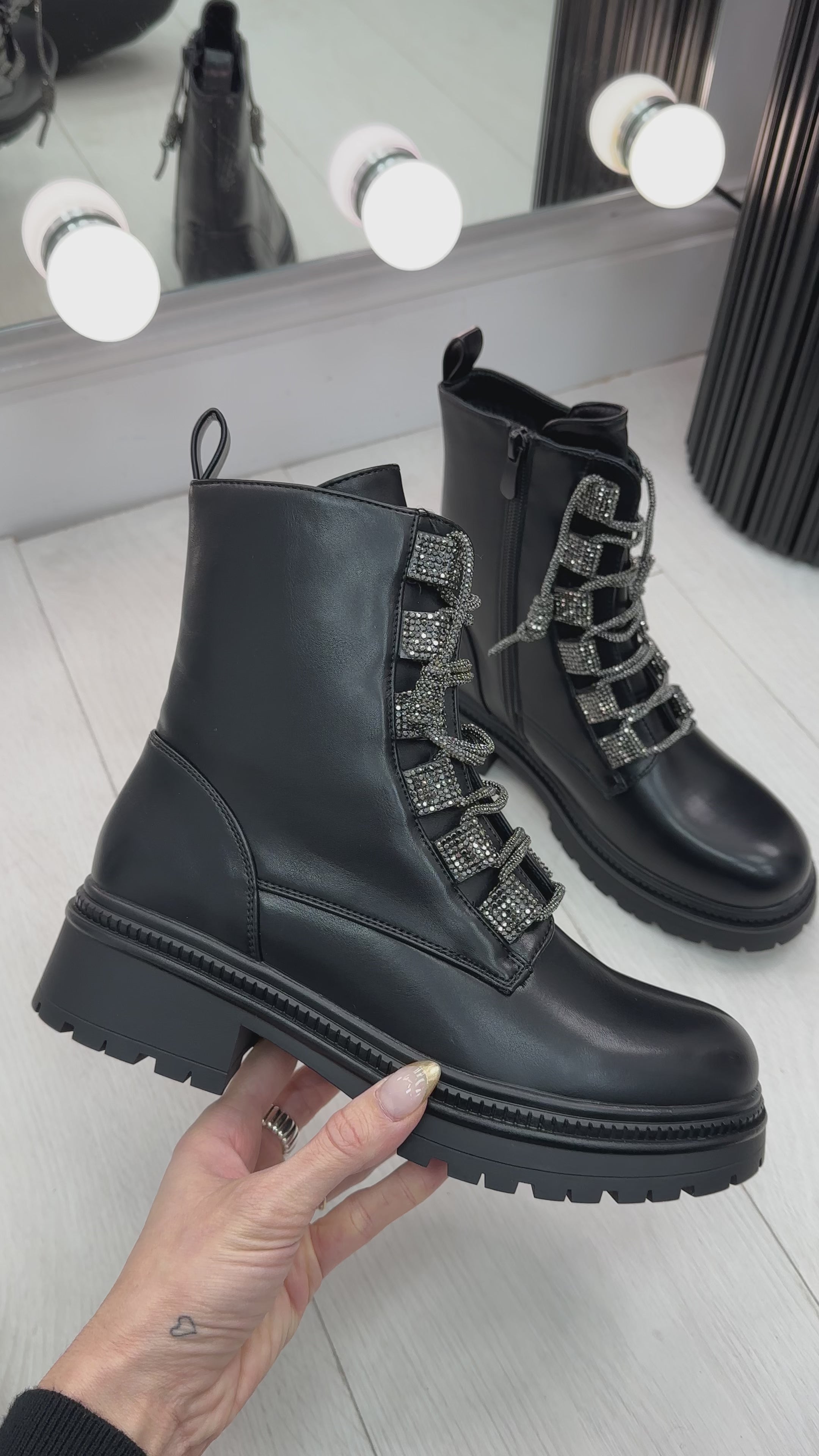 Load video: Kayley Faux Leather Diamante Lace Biker Boots