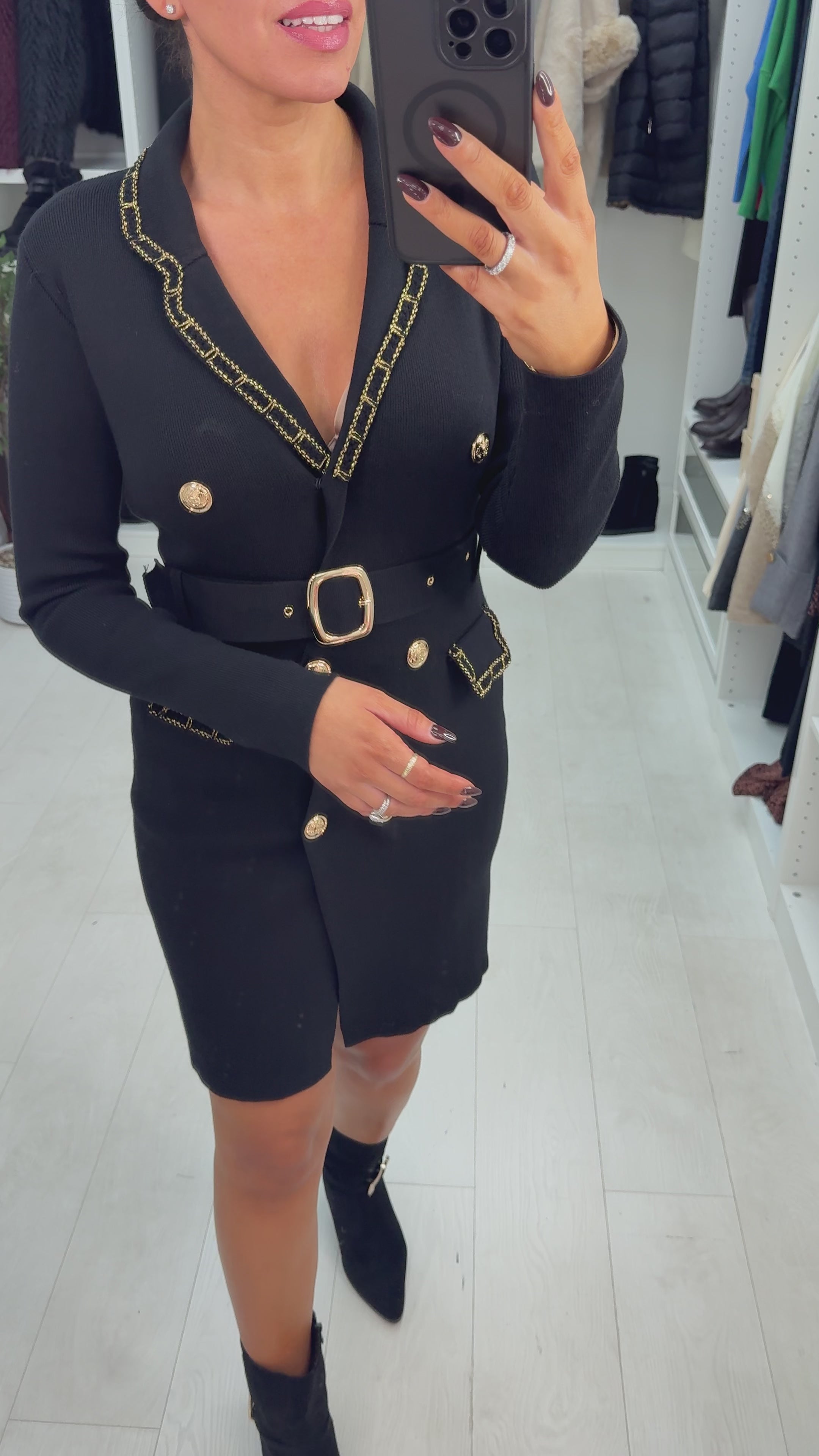 Load video: Thelma Gold Button Detail Belted Dress