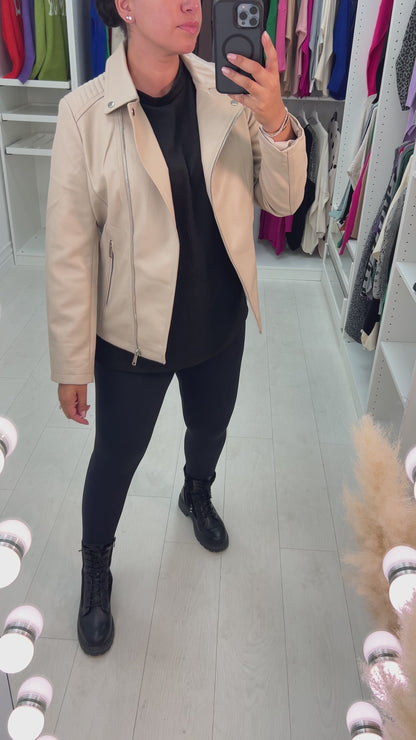 Niko Beige Leather Look Biker Jacket