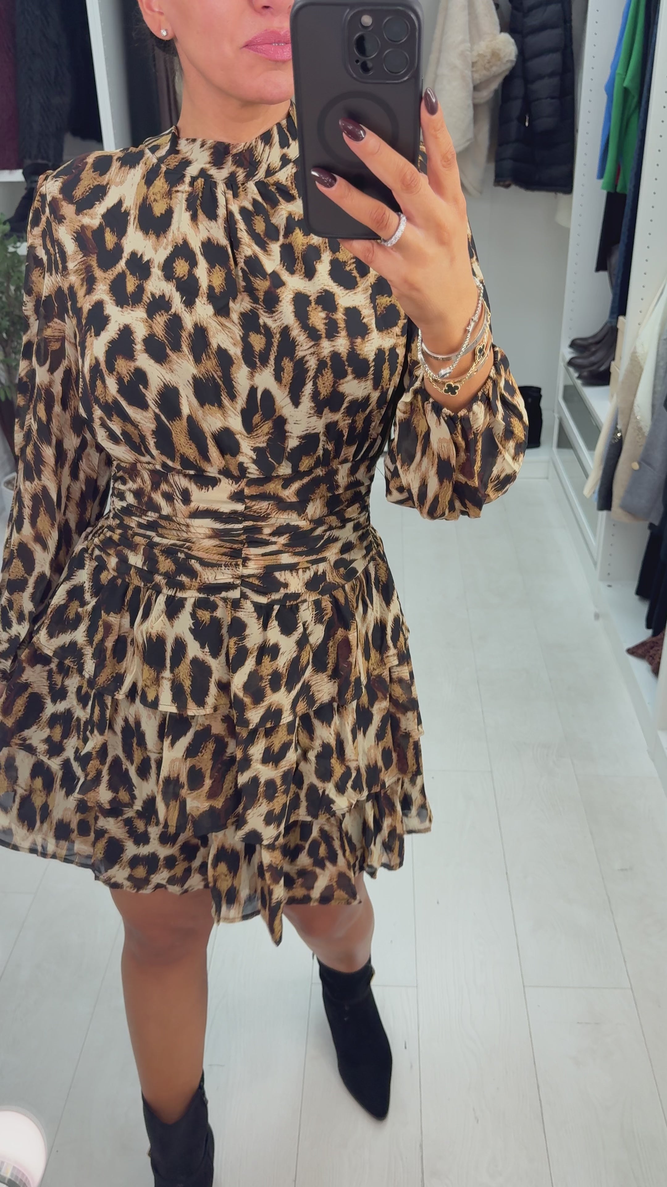 Load video: Kamie Leopard Print Shirred Waist Mini Dress