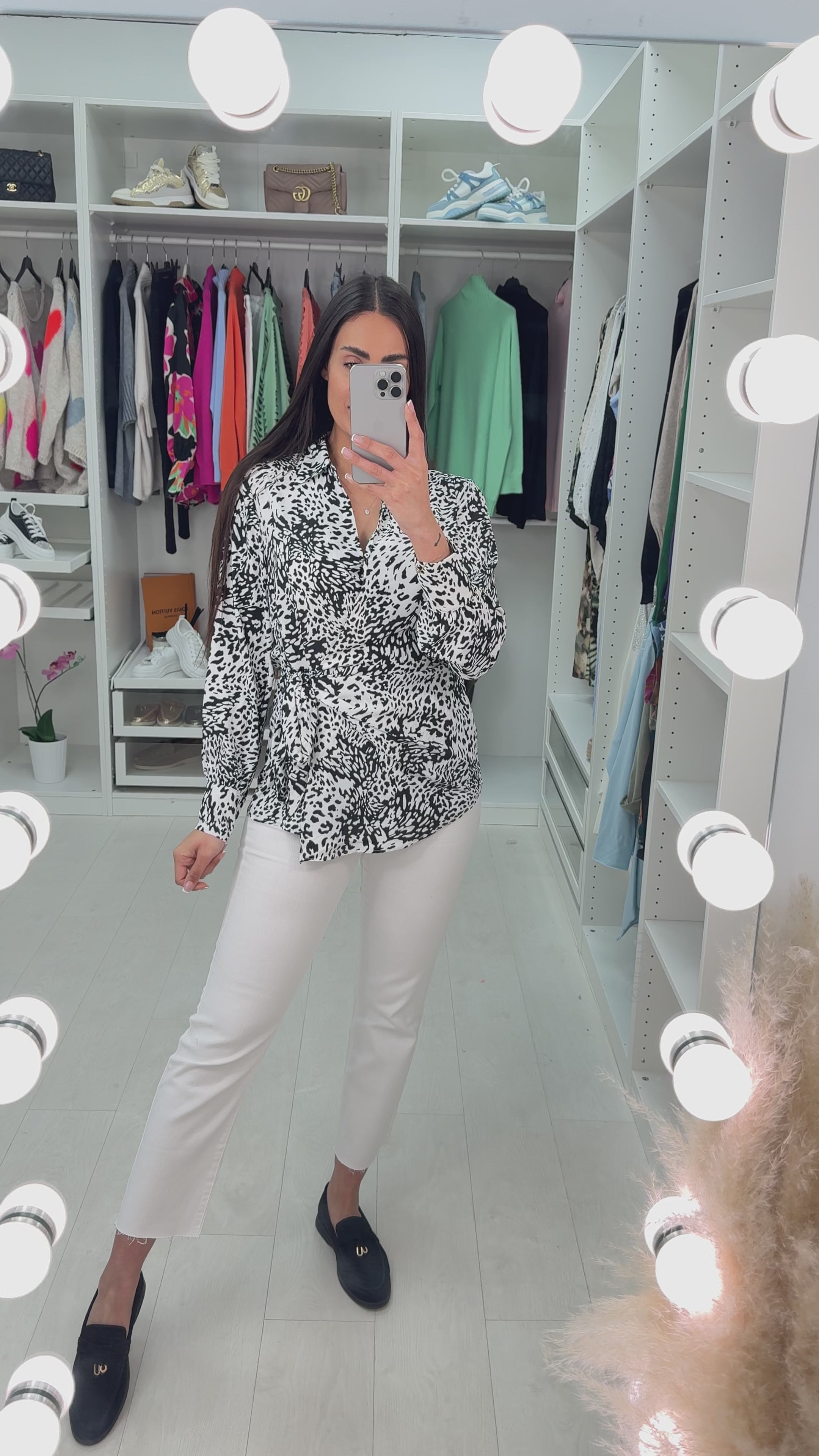 Load video: Lanie Monochrome Print Wrap Blouse