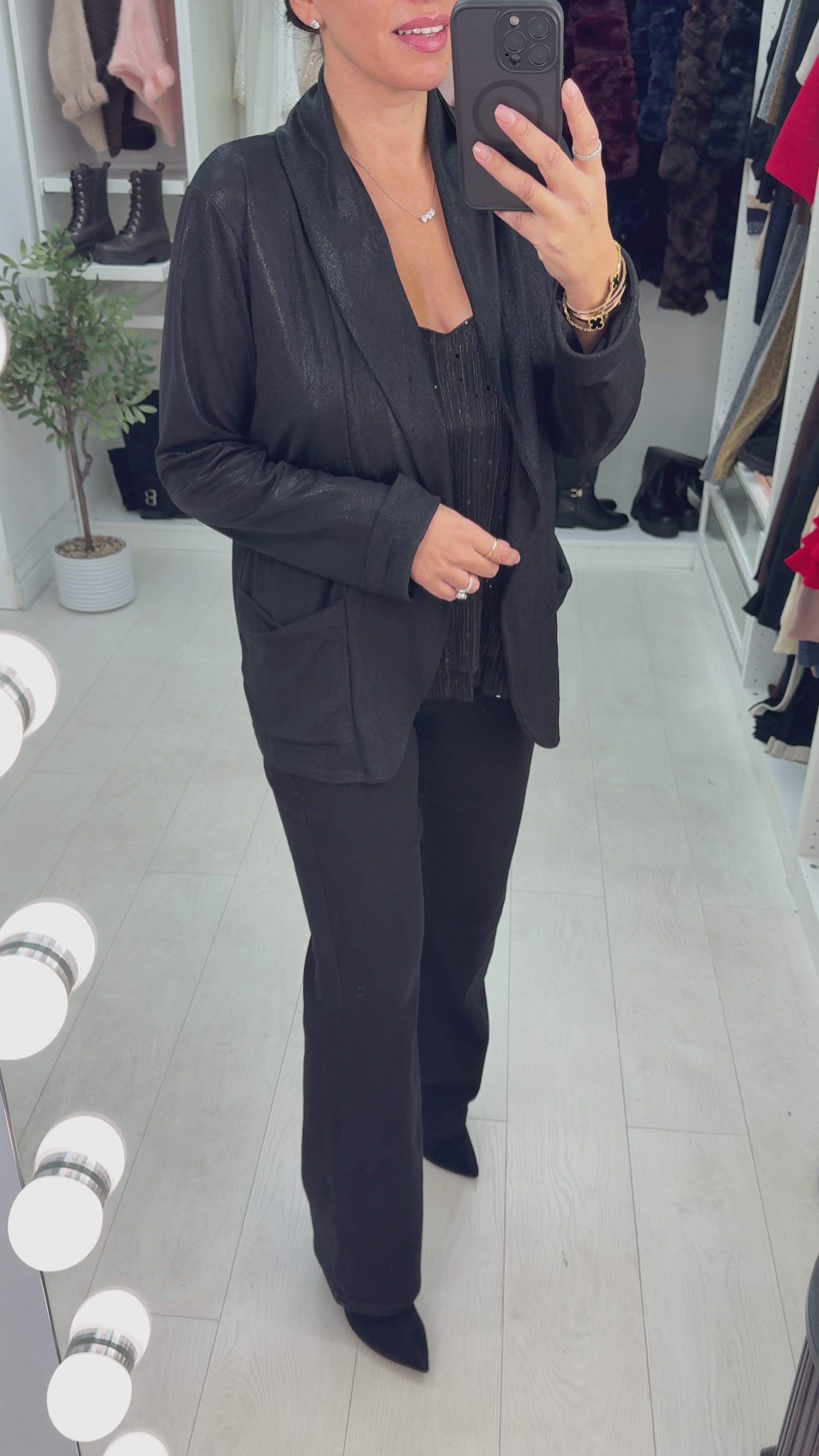 Load video: Lucina Plain Lurex Open Front Blazer