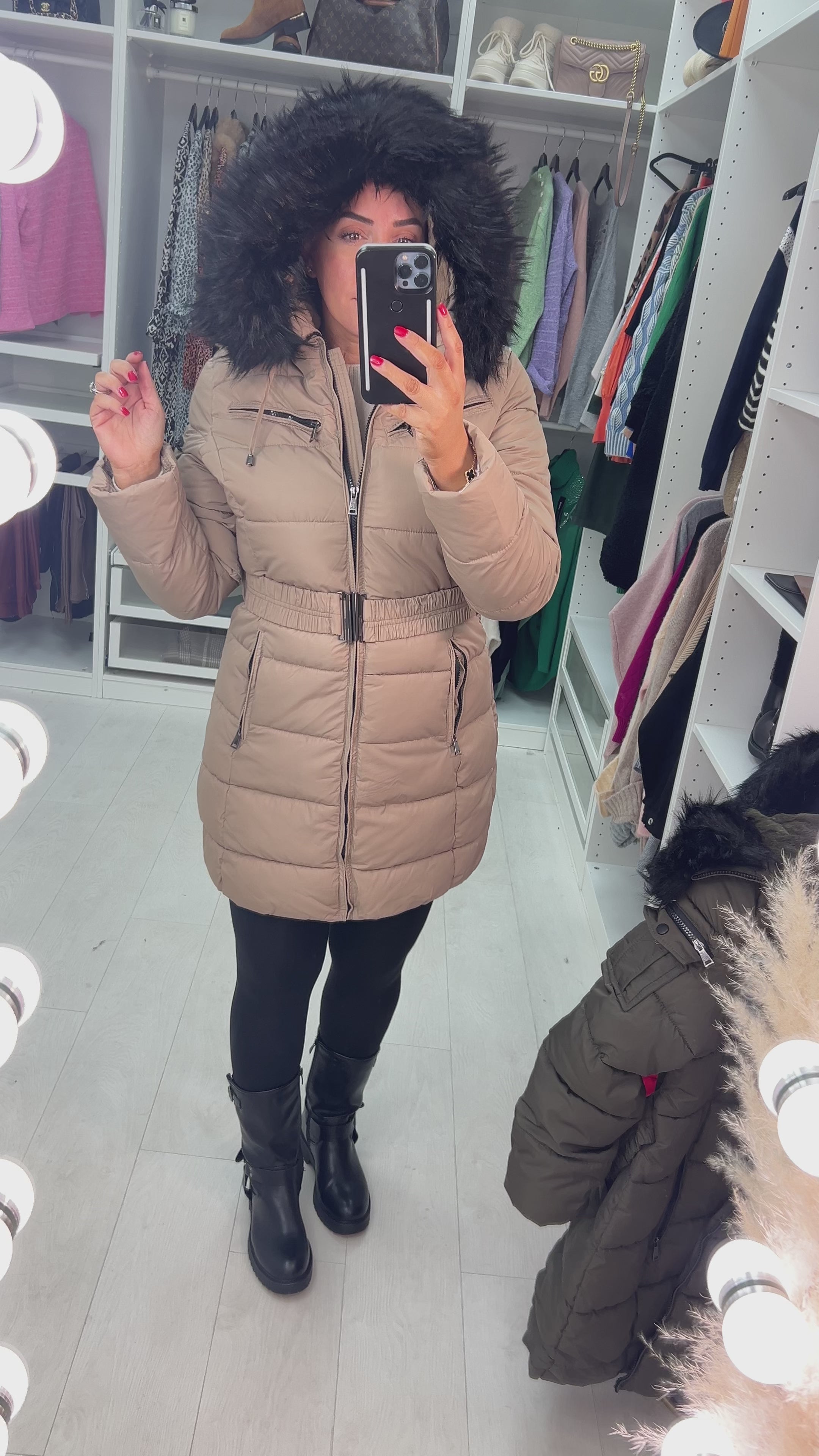 Load video: Trixie Beige Faux Fur Hooded Coat