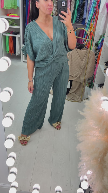 Lunah Twist Front Plisse Top & Wide Leg Trouser Set