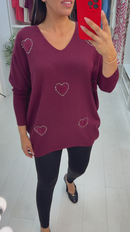 Avalena Embellished Heart Batwing Loose Fit Jumper