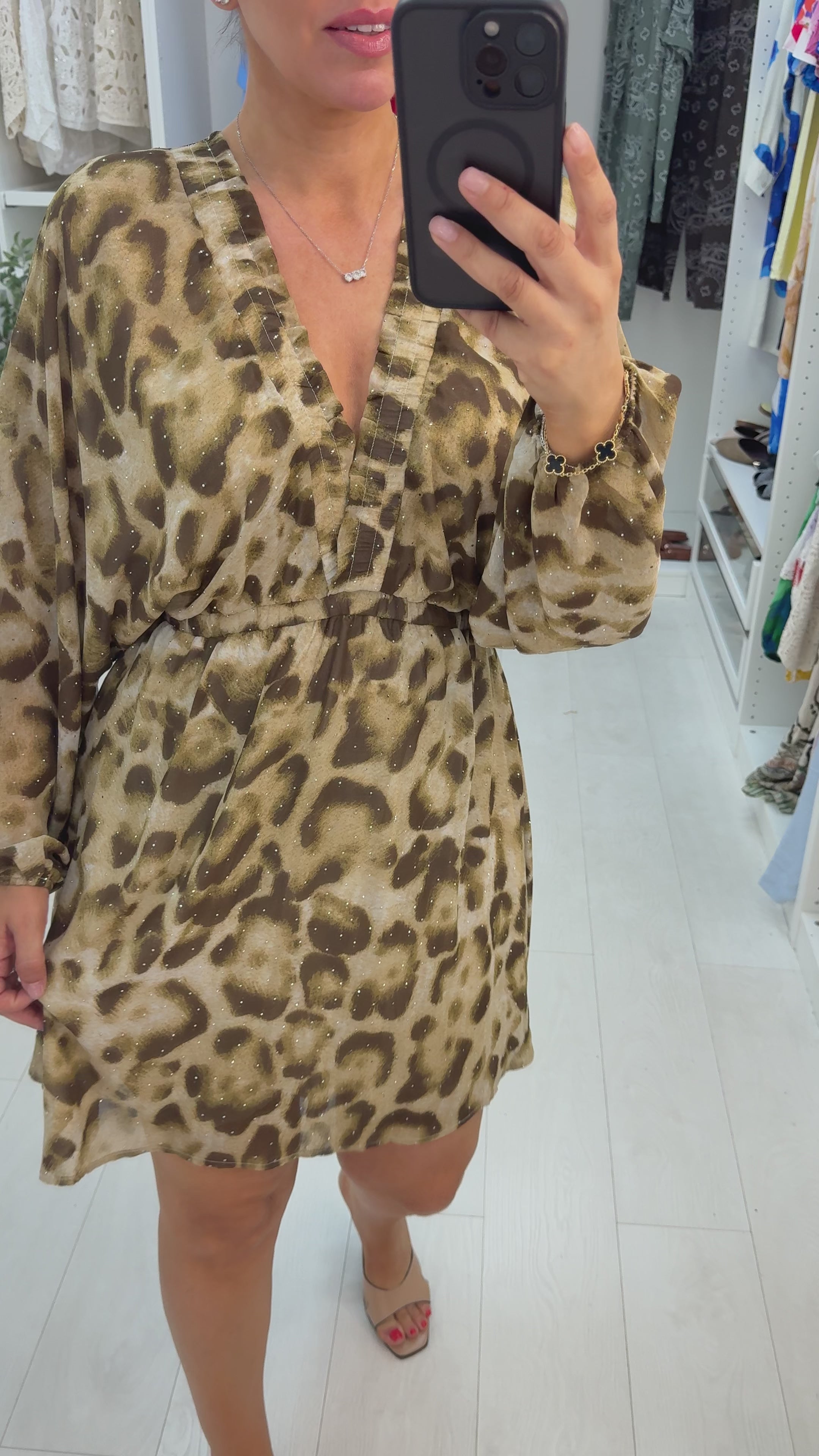 Georgiana Embellished Animal Print V Neck Midi Dress