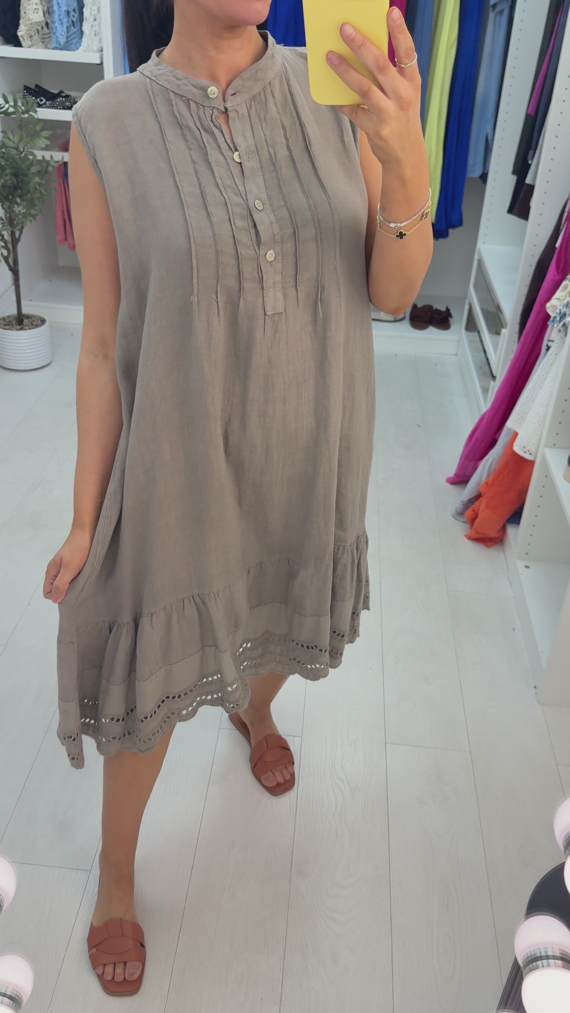 Velma Plain Button Detailed Scalloped Hem Linen Dress