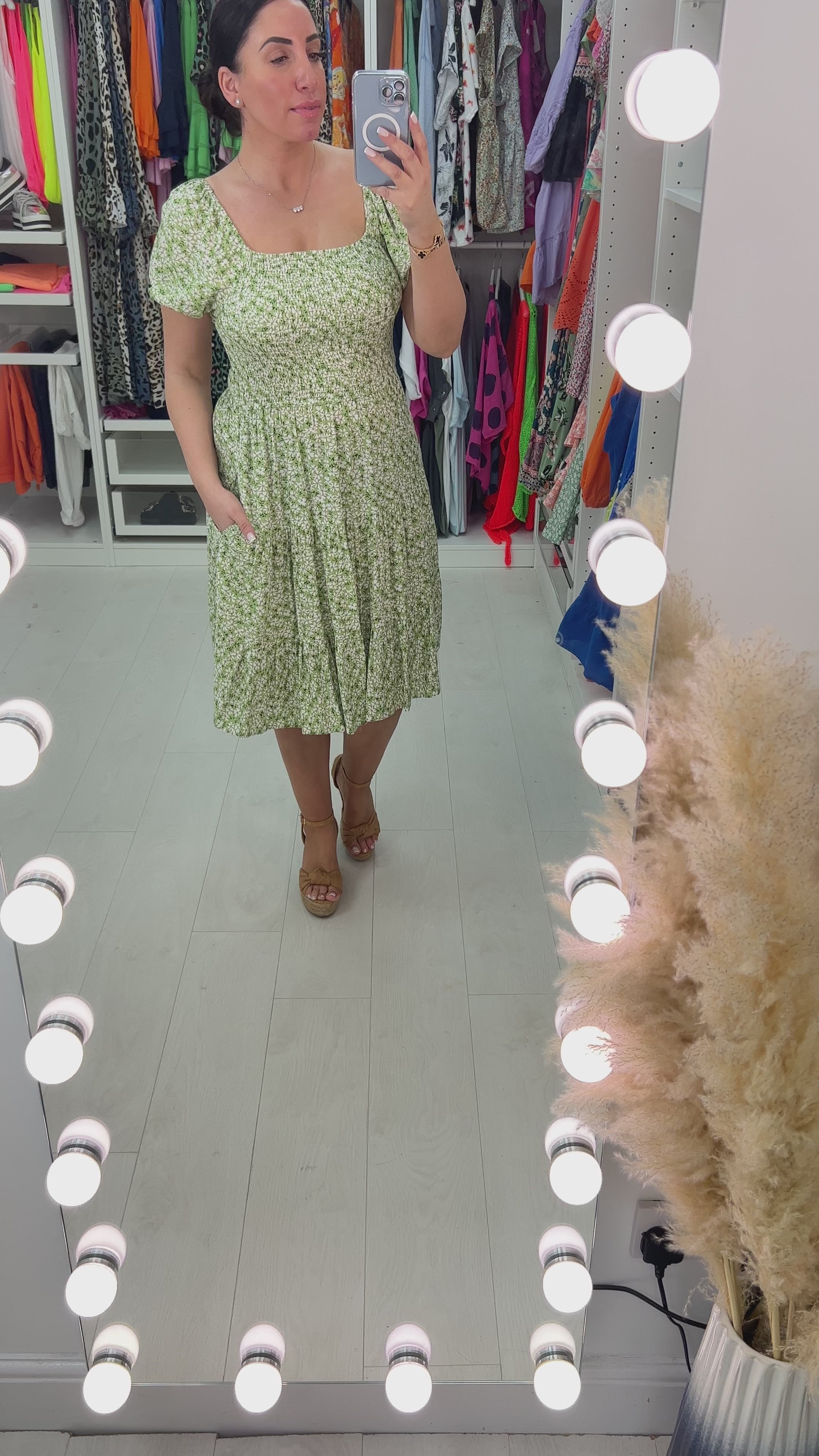 Load video: Damimi Green Daisy Print Babydoll Dress