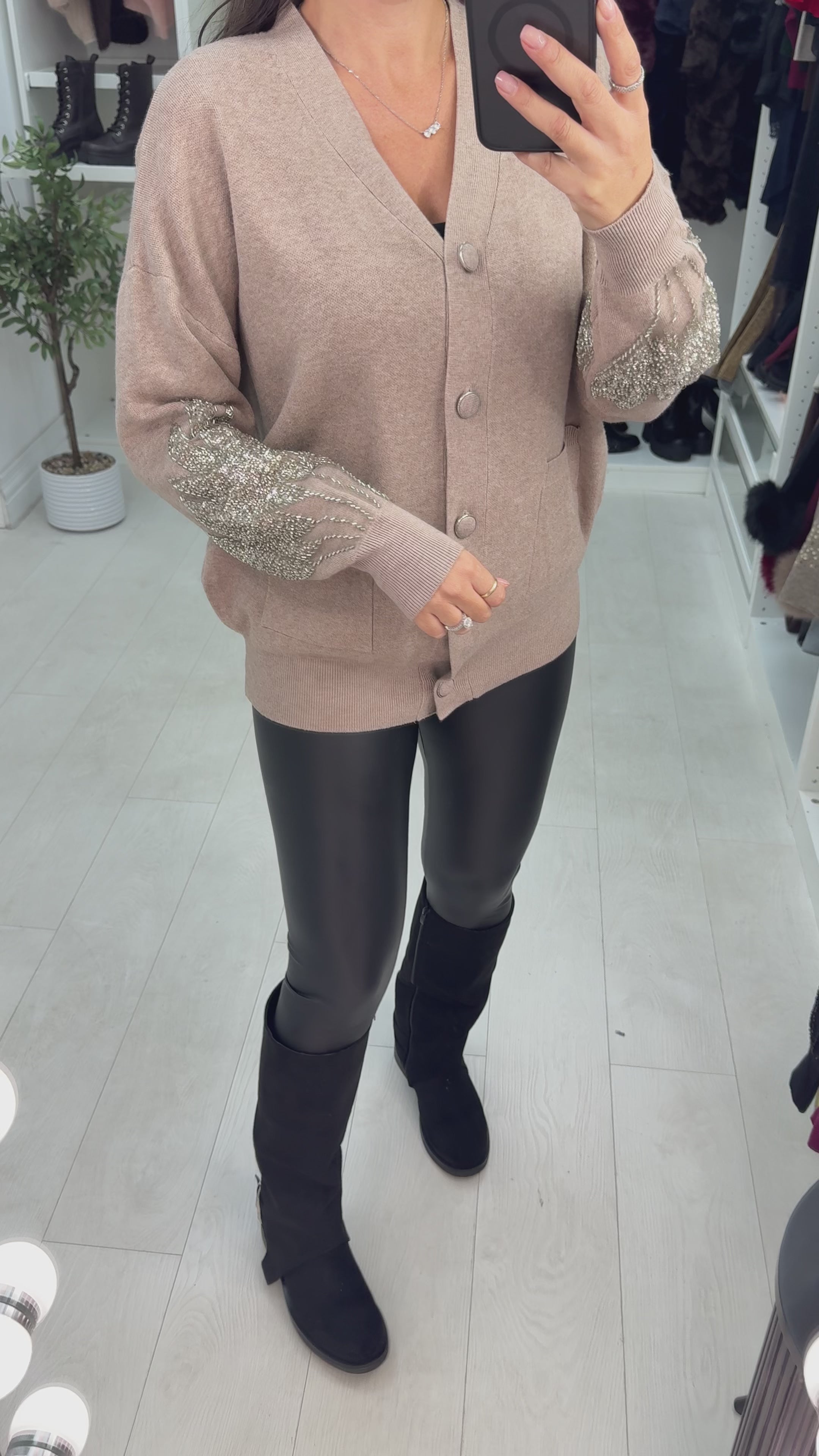 Reby Plain Embellished Sleeve Button Front Cardigan