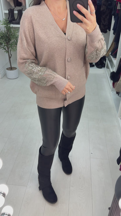 Reby Plain Embellished Sleeve Button Front Cardigan