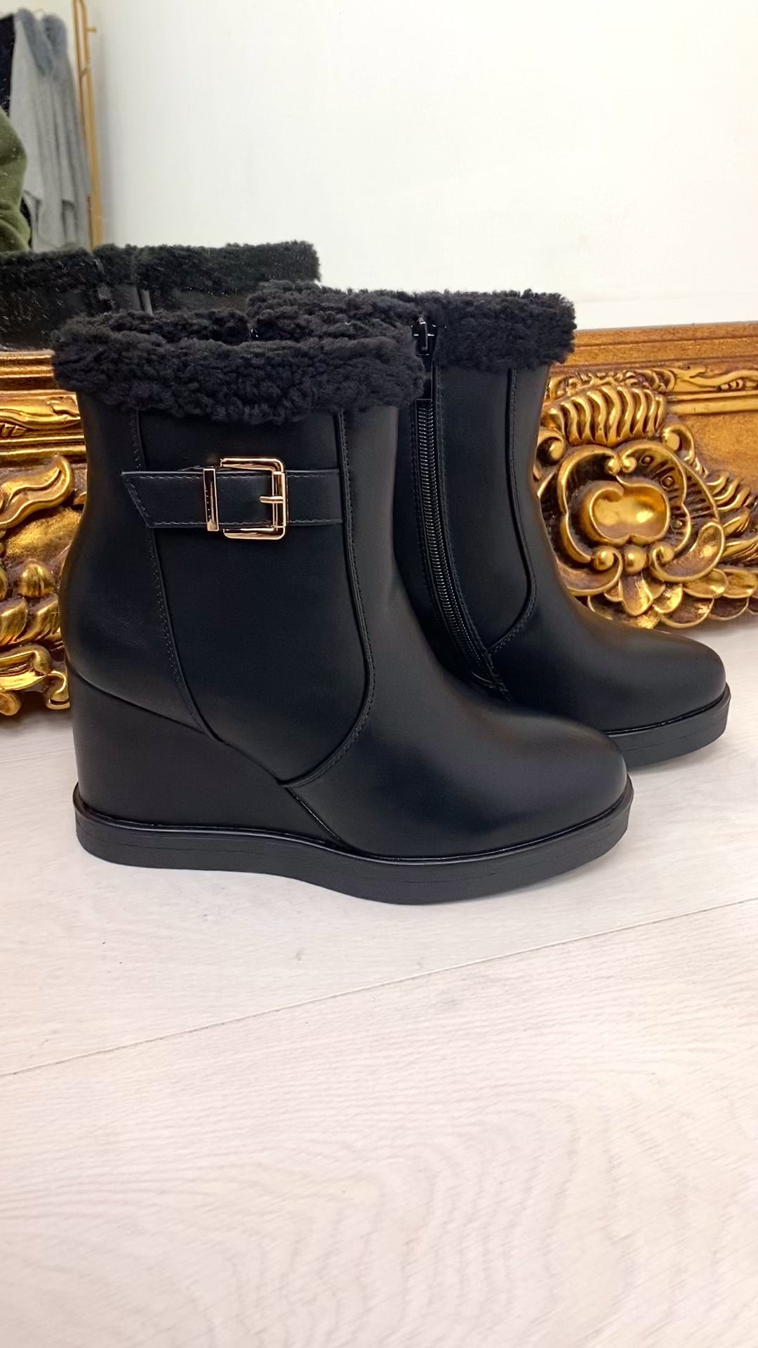 Load video: Natalia Faux Leather Buckle Wedge Boot