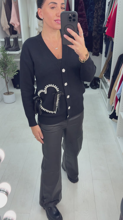 Elliana Embellished Heart V Neck Cardigan