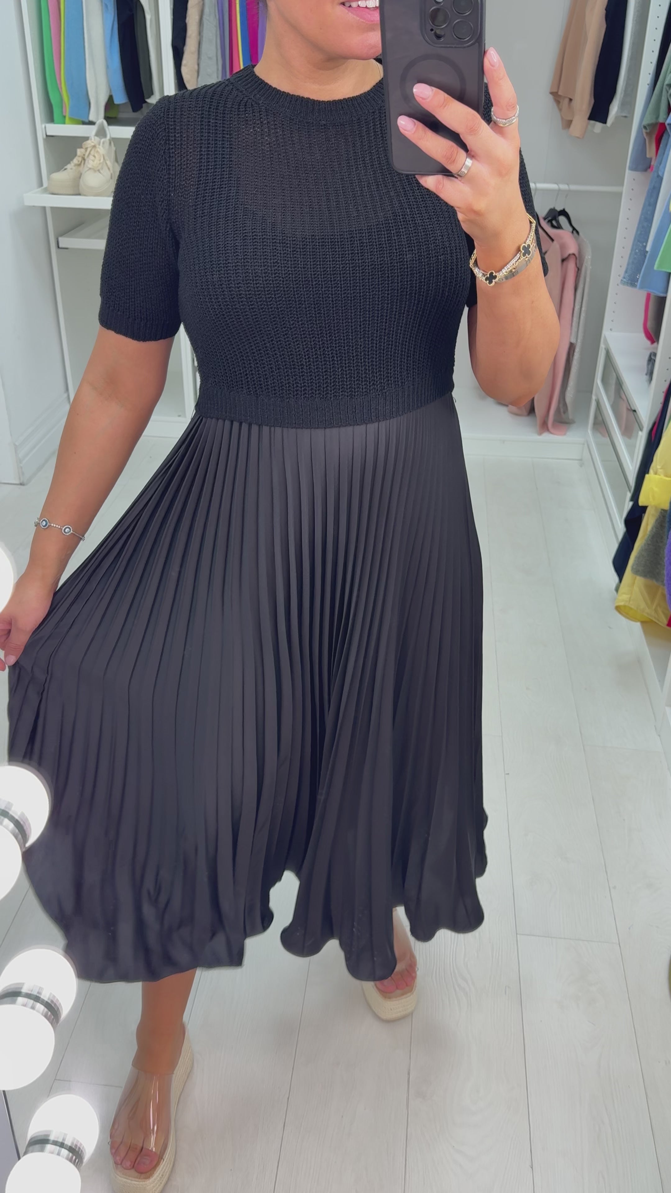 Alaina Plain 2-In-1 Knitted Top Silk Pleated Dress