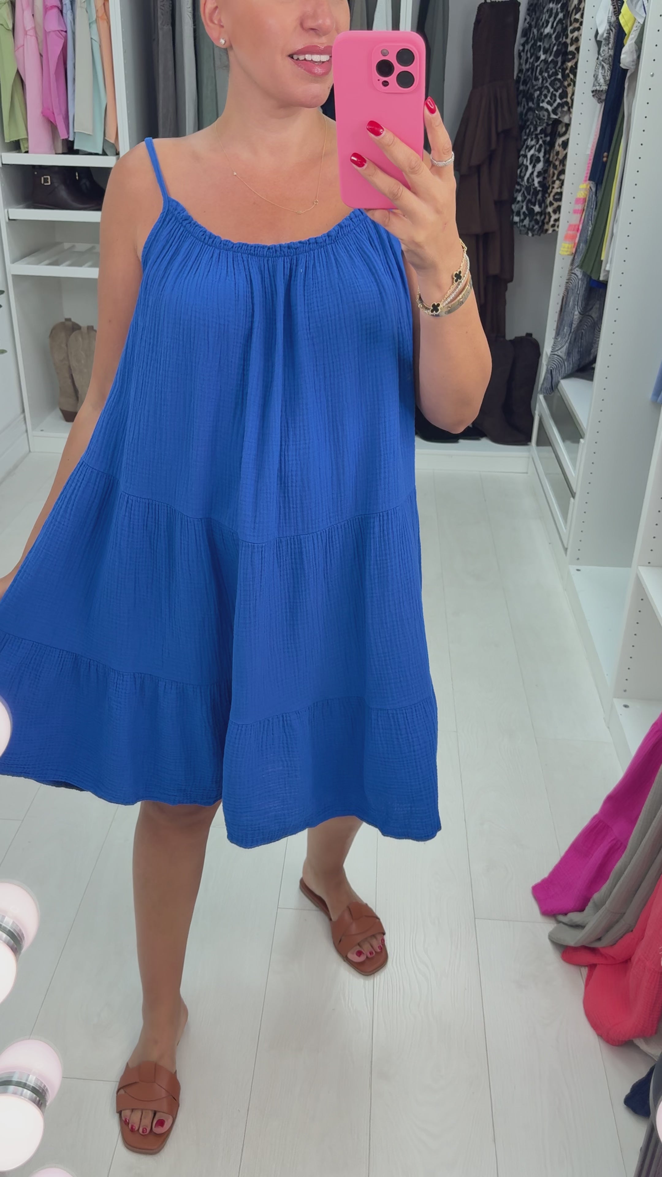 Load video: Marita Plain Cheesecloth Strappy Smock Dress